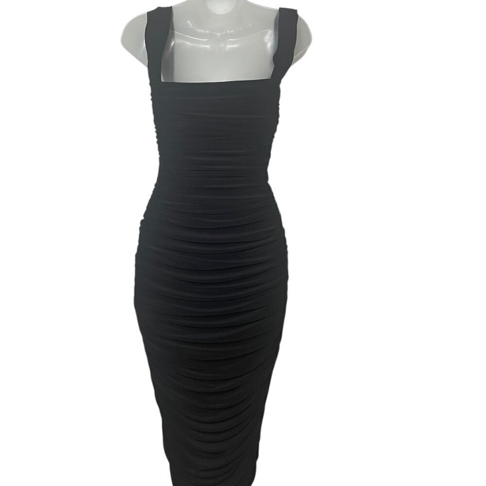 Norma Kamali Walter Dress XS NWT Black Off Shoulder Ruched Midi Cocktail - Picture 3 of 6